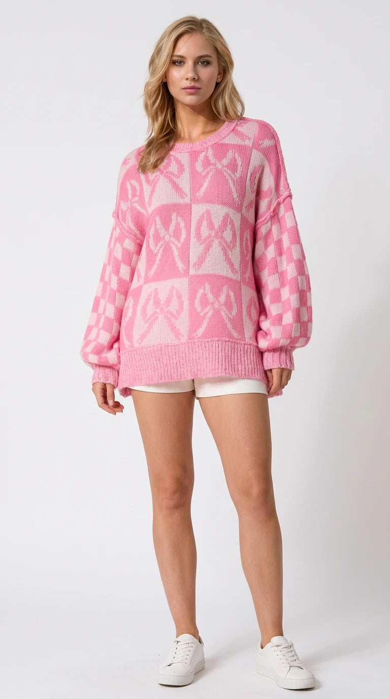 Double Take Full Size Checkered Bow Contrast Long Sleeve Sweater in Pink