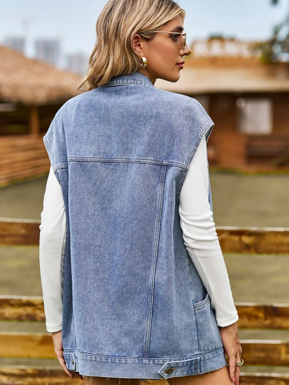 Button Up Collared Neck Sleeveless Denim Jacket - Lilixa.store