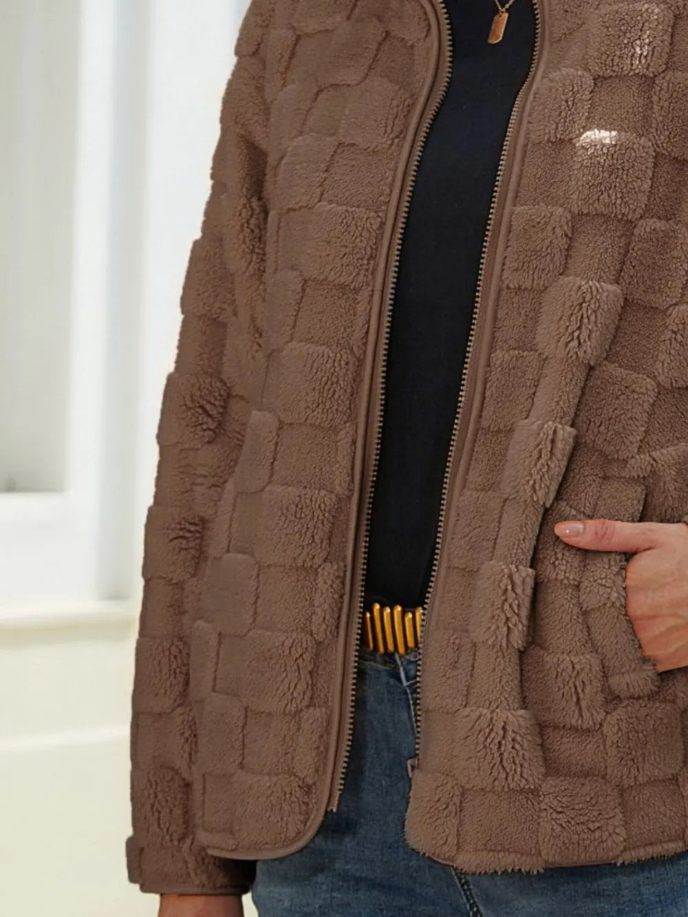 Fuzzy Checkered Zip Up Jacket, view 8