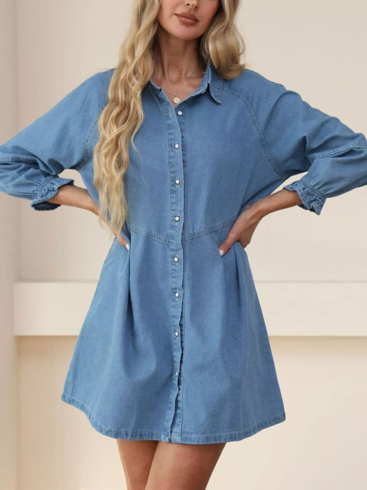 Classic Button-Down Long Sleeve Denim Shirt Dress in Light Blue