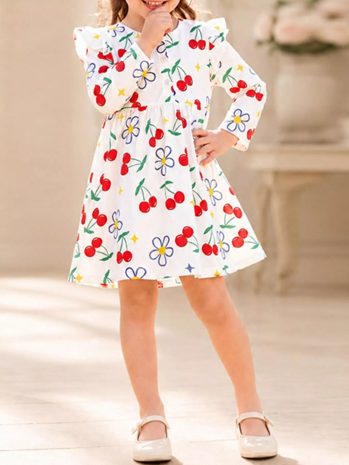 Children's Long-Sleeve Cherry and Flower Print A-Line Dress - Lilixa.store