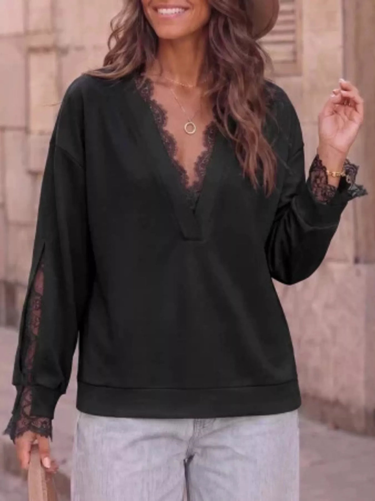 Lace Trim Split Sleeve Sweatshirt