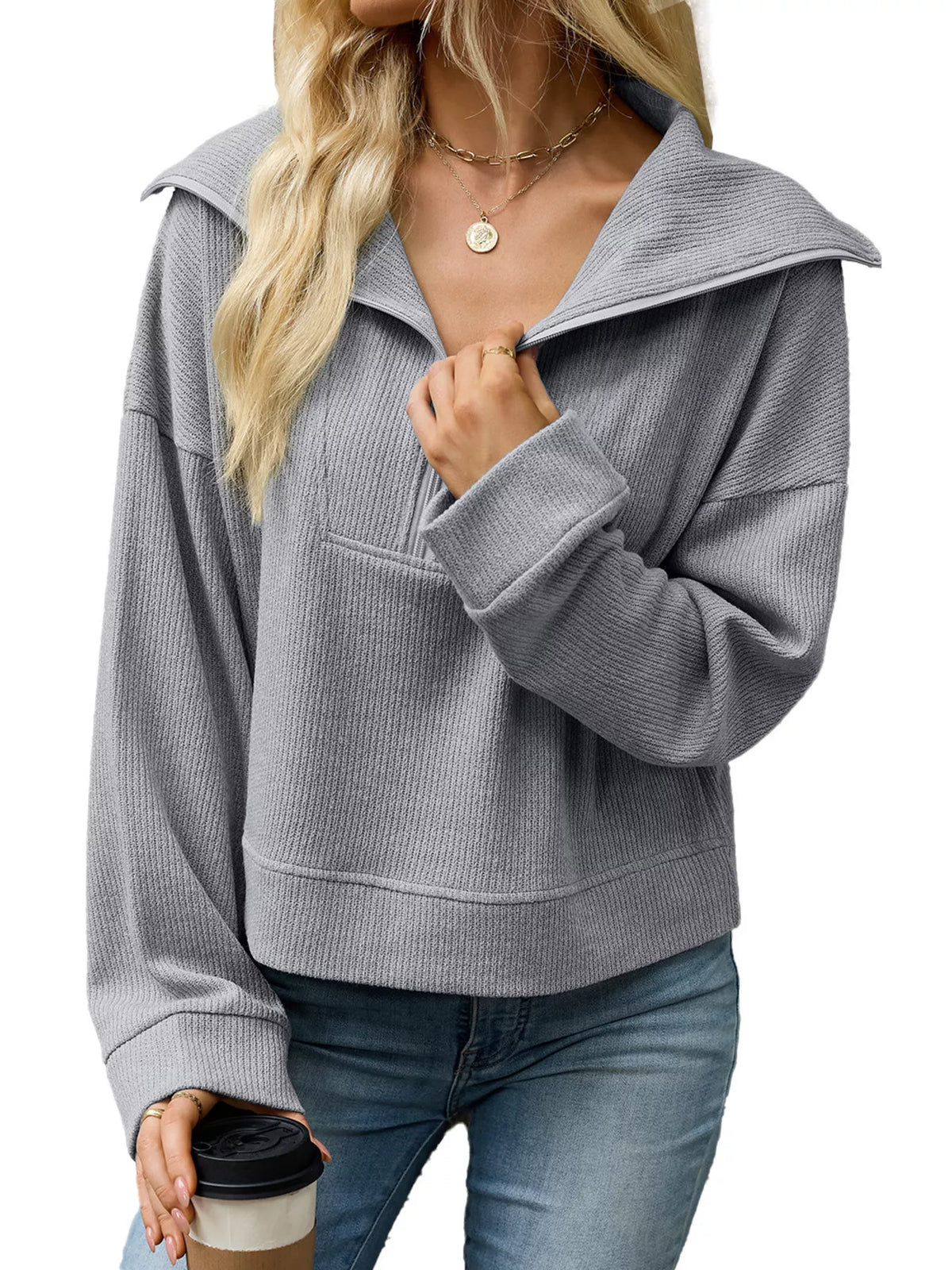 Half-Zip Dropped Shoulder Sweatshirt - Lilixa.store