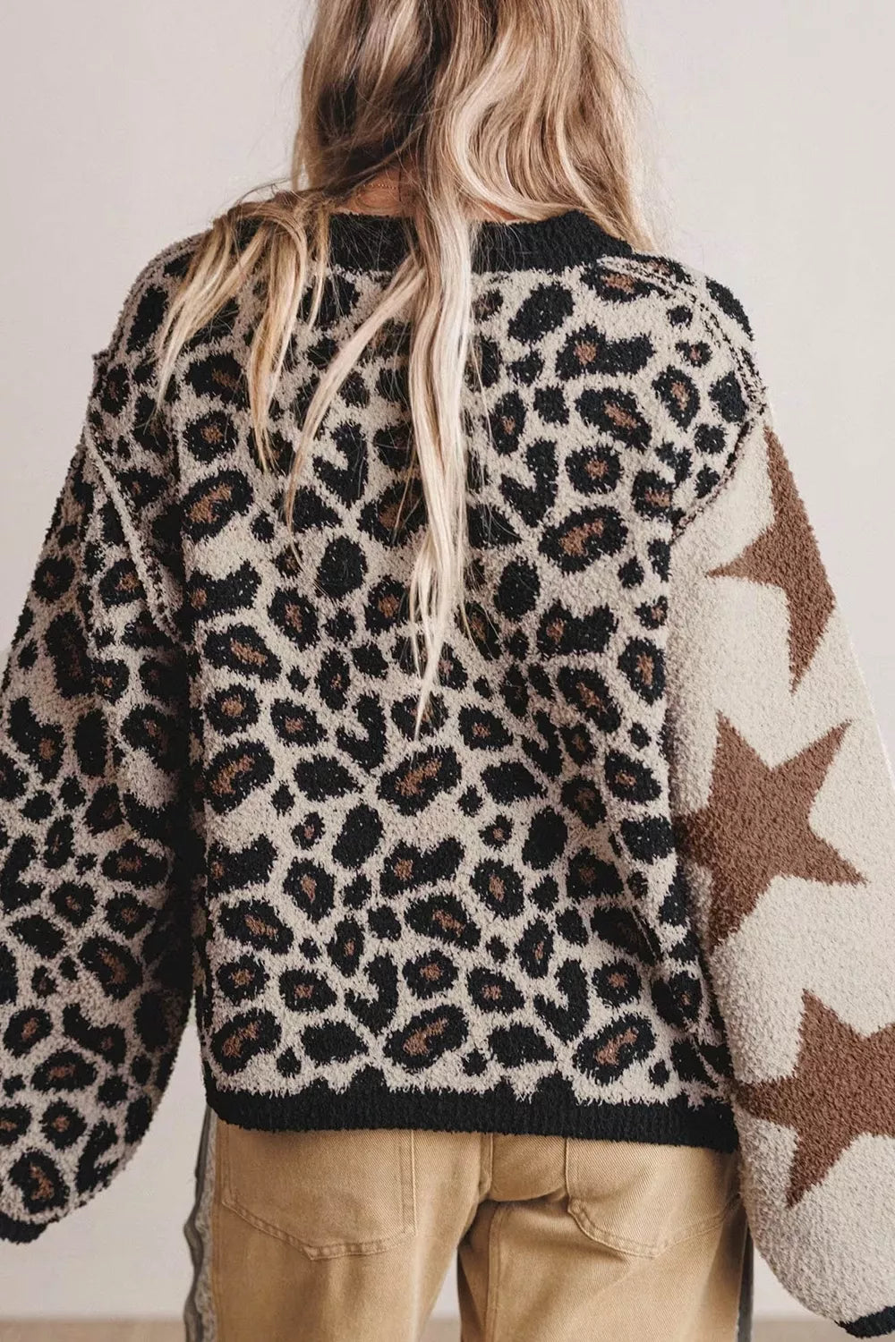Leopard Star Pattern Round Neck Long Sleeve Shift Sweater - Lilixa.store