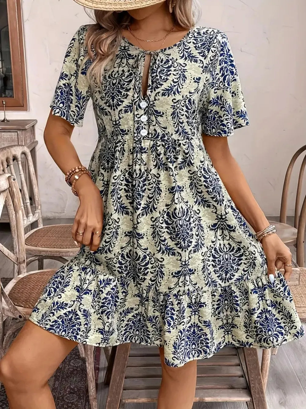 Printed Tie Neck Short Sleeve Dress, view 8