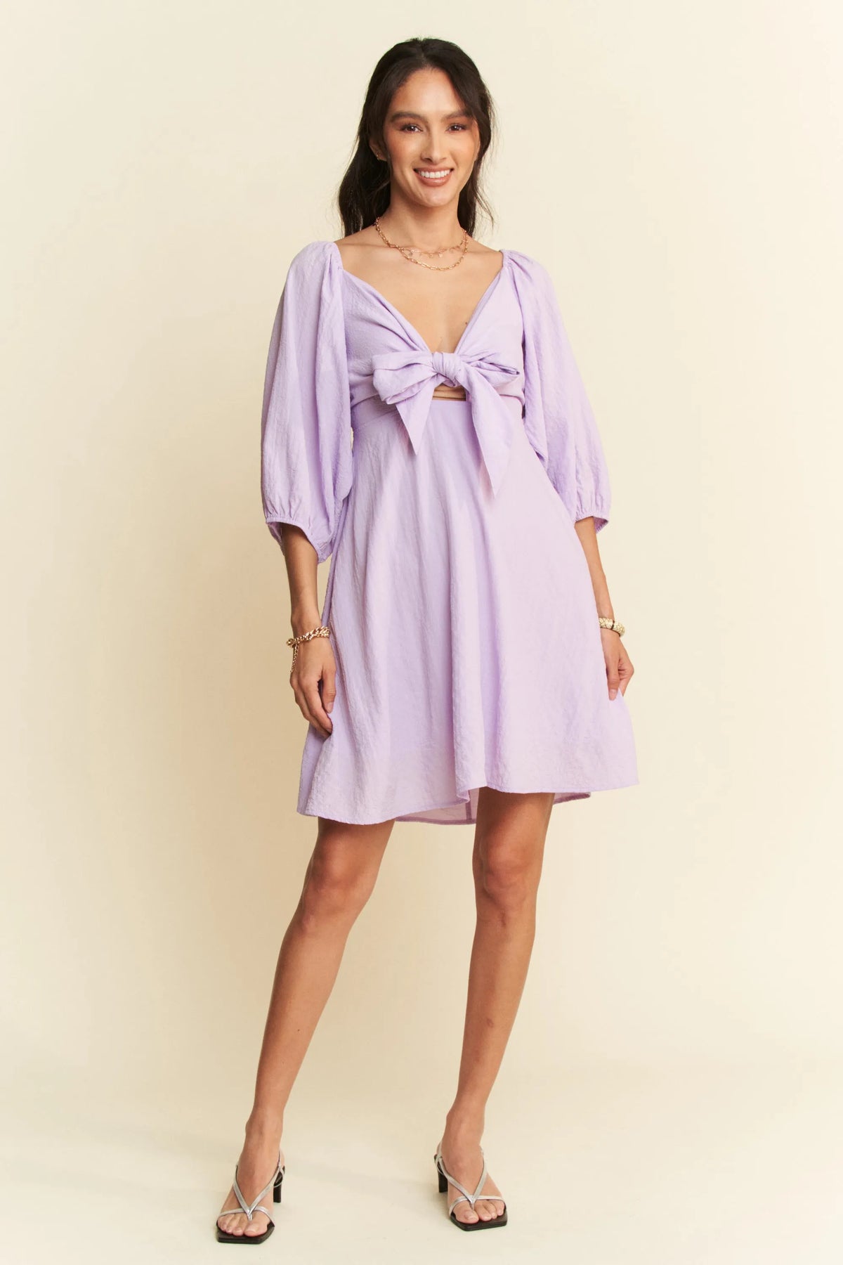 Davi & Dani Self-Tie Puff Sleeve Smocking Open Back Mini Dress - Lilixa.store