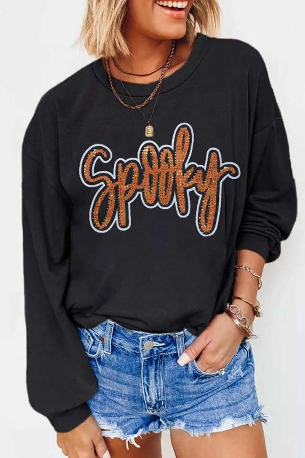 Spooky Rhinestone Drop Shoulder Sweatshirt - Lilixa.store