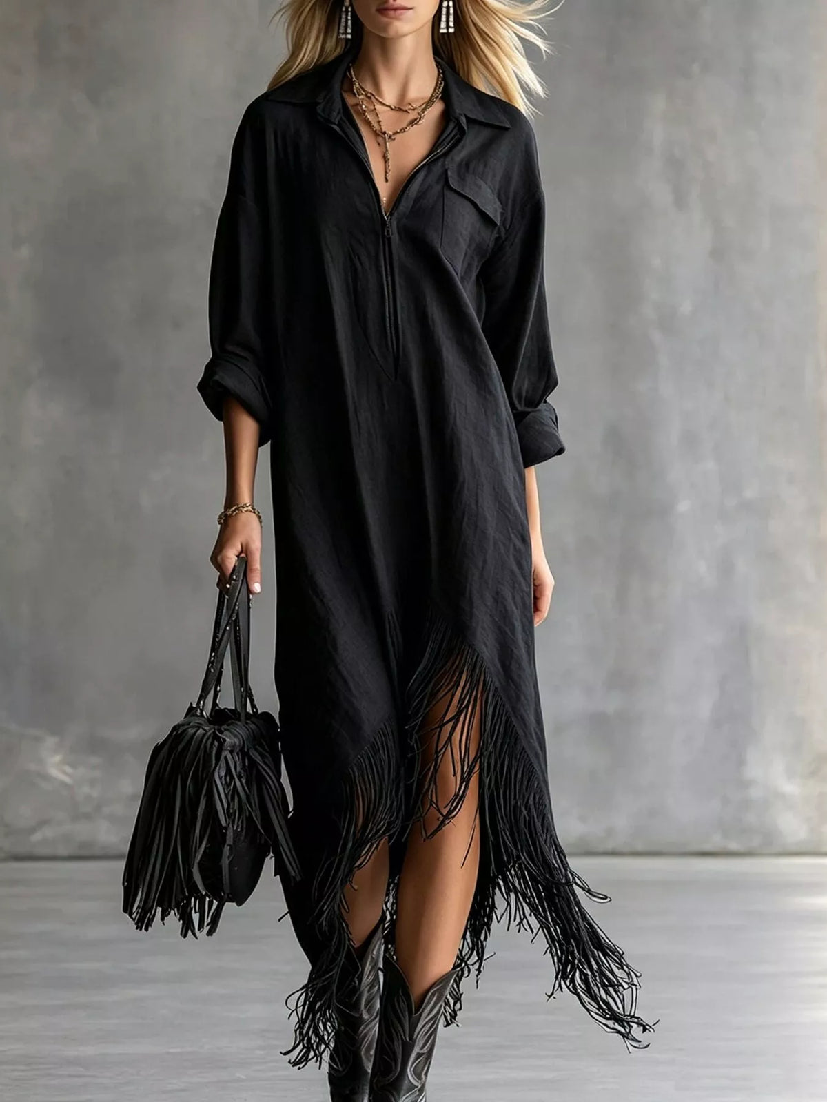 Zipper-Front Fringe Hem Midi Dress