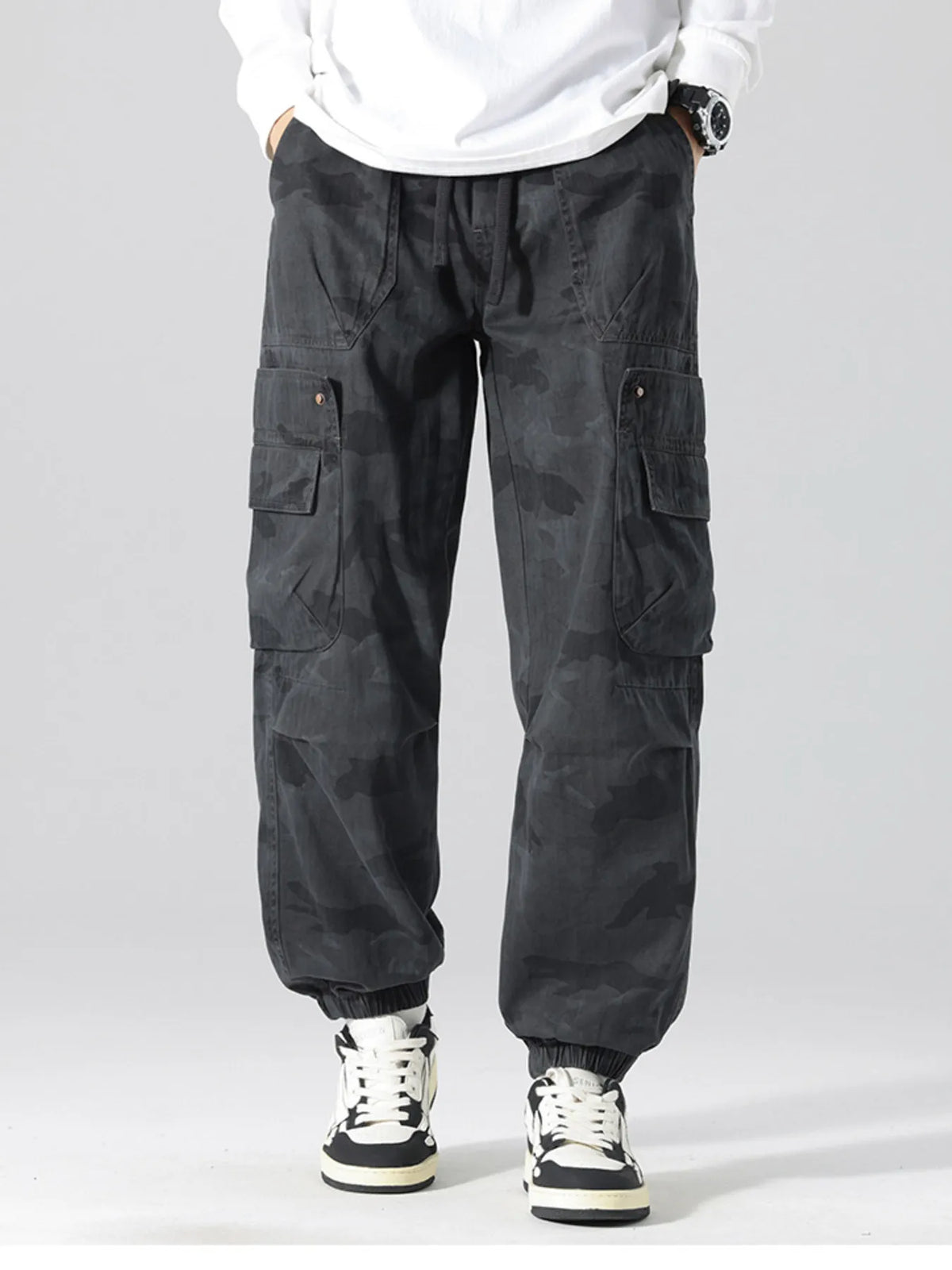 Men's Plus Size Camouflage Cargo Pants with Multi-Pocket in Camouflage Gray
