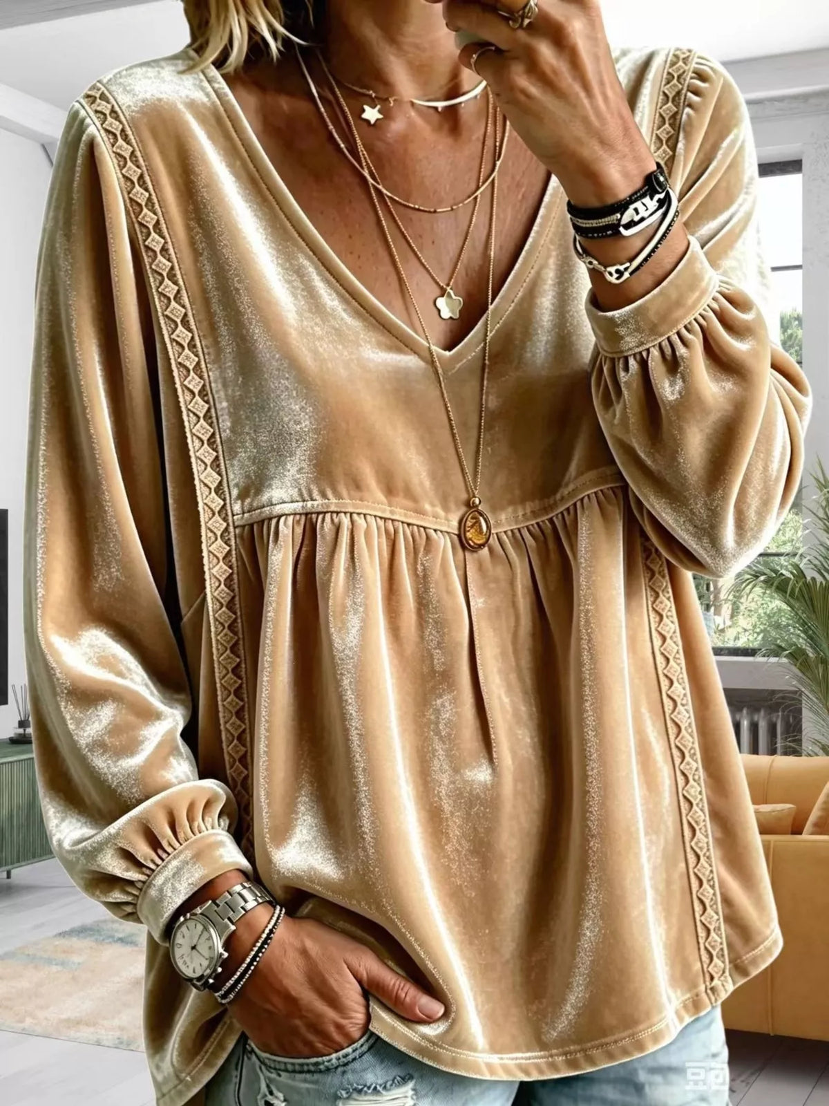 Full Size Velvet Lace Detail V-Neck Blouse Plus Size - Lilixa.store