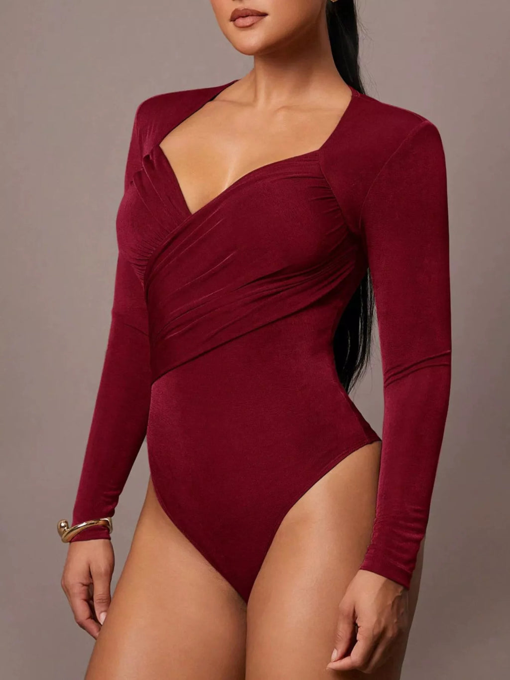 Ruched Surplice Long Sleeve Bodysuit - Lilixa.store