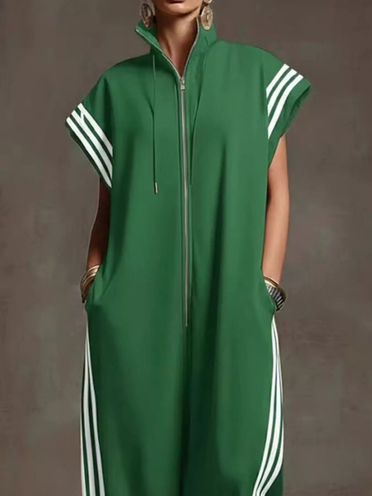 Full Size Side Stripe Zip-Front Wide Leg Jumpsuit Plus Size