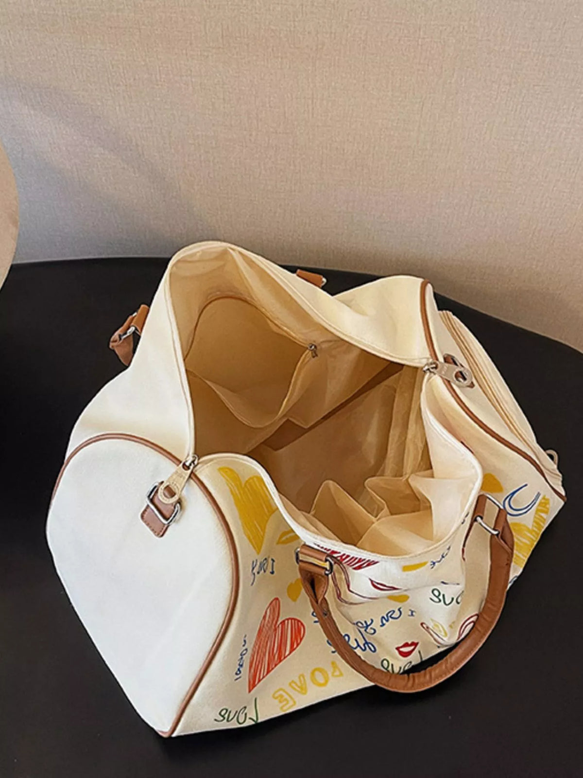 Printed Duffel Bag with Adjustable Strap in Off-white, view 8