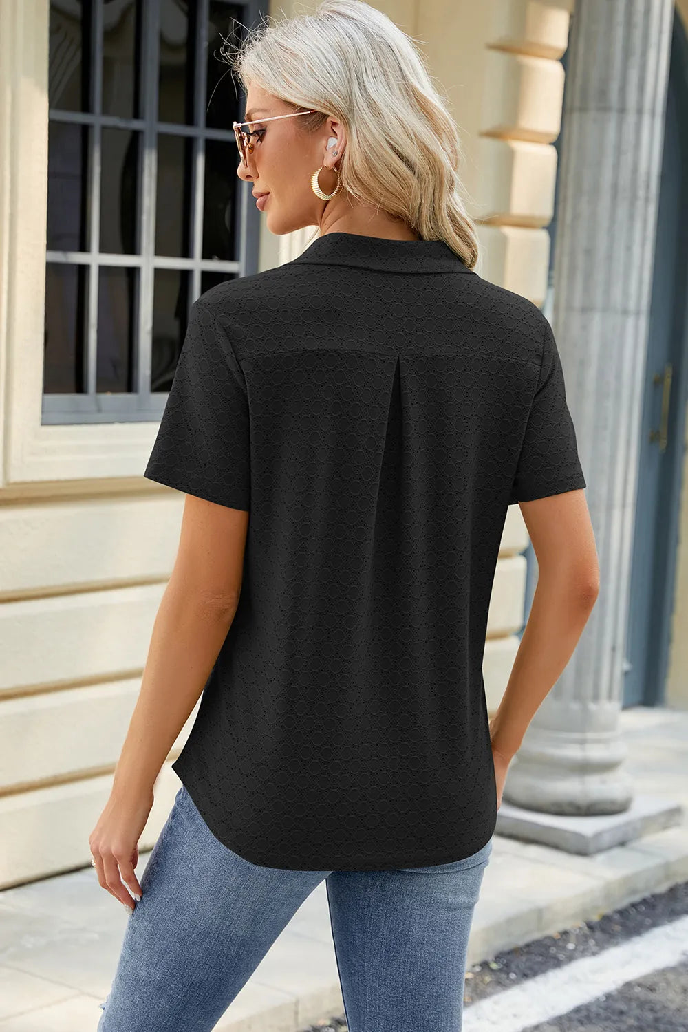 Pocketed Johnny Collar Short Sleeve Blouse - Lilixa.store