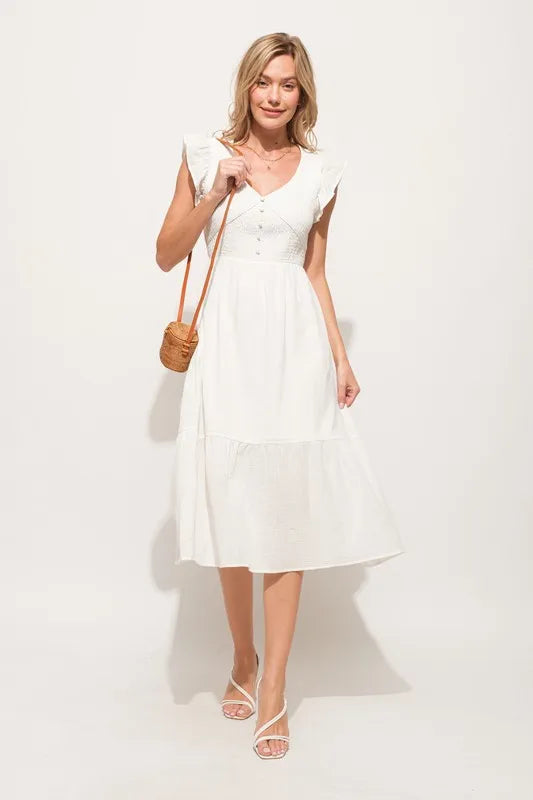 And The Why Ruffle Sleeve Front Smocked Tiered Midi Dress - Lilixa.store