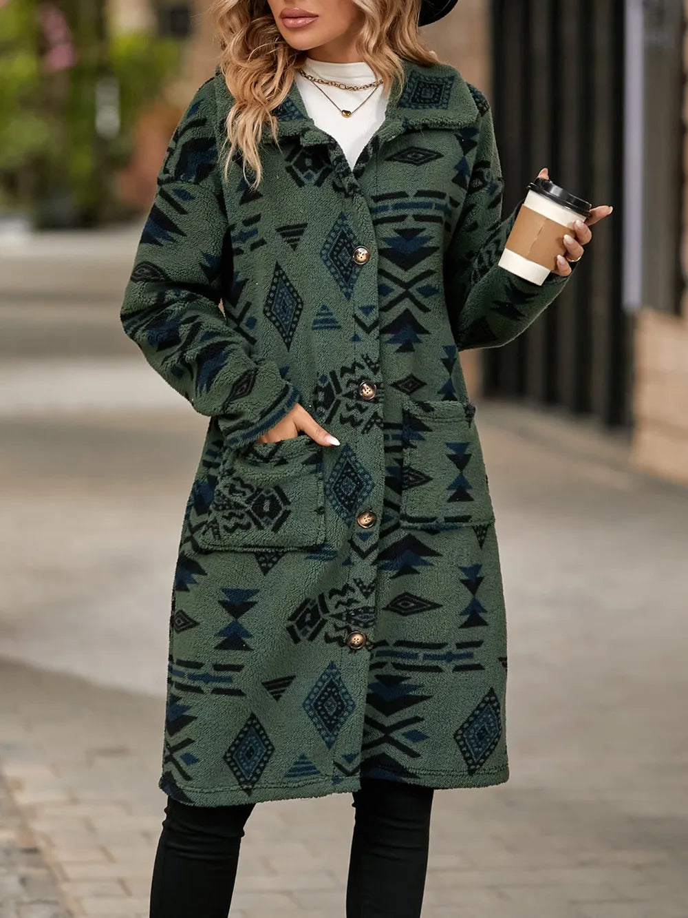Geometric Pocketed Dropped Shoulder Coat, view 8