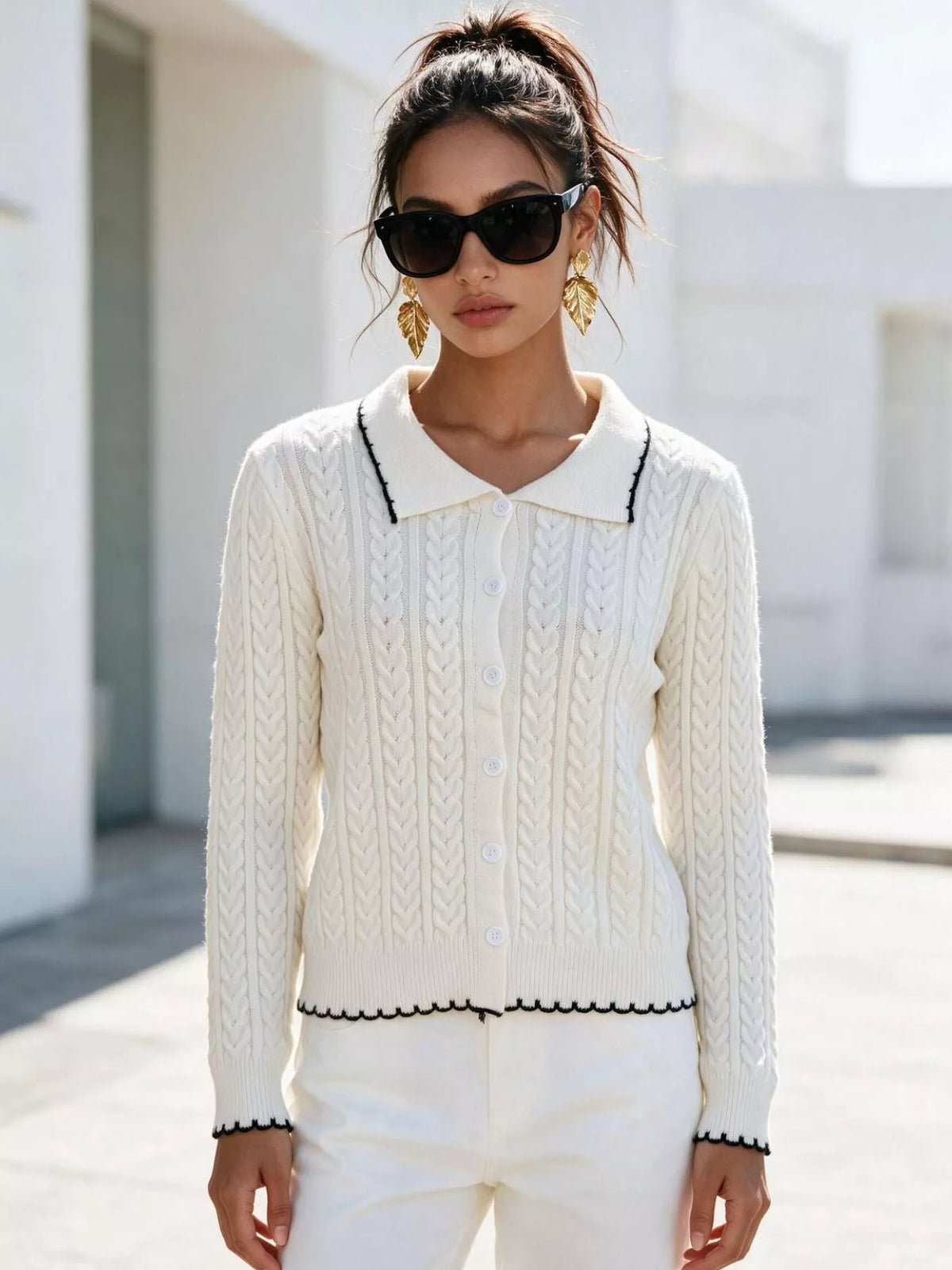 Cable Knit Polo Collar Button-Up Cardigan, view 8