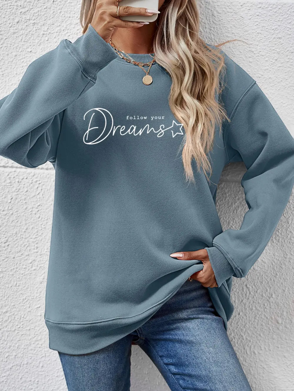 FOLLOW YOUR DREAMS Graphic Sweatshirt in Air Force Blue