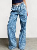 Drawstring Floral Wide-Leg Jeans - Lilixa.store