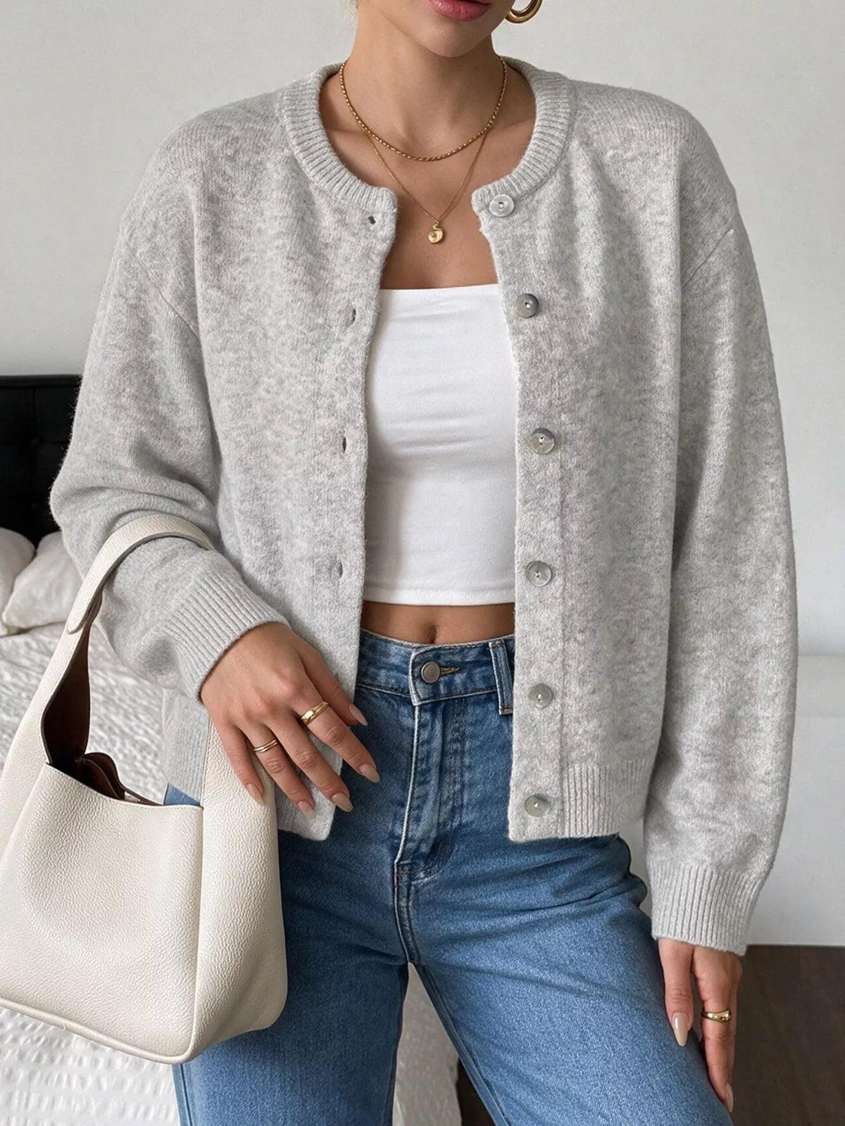 Crew Neck Button-Down Cardigan in Gray/white, view 9