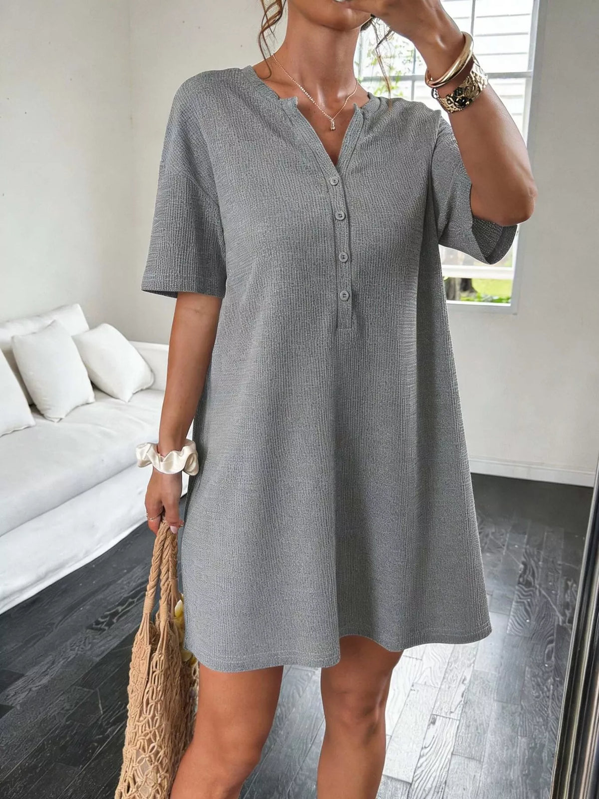 Button-Front Short Sleeve Dress - Lilixa.store