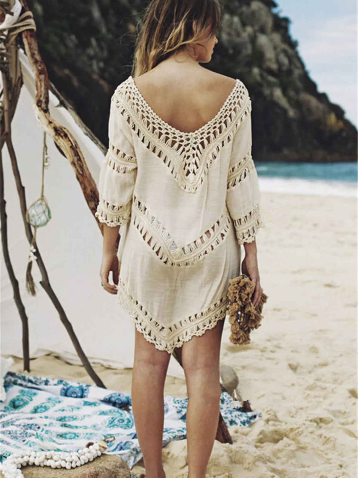 Crochet Trim V-Neck Cover Up - Lilixa.store