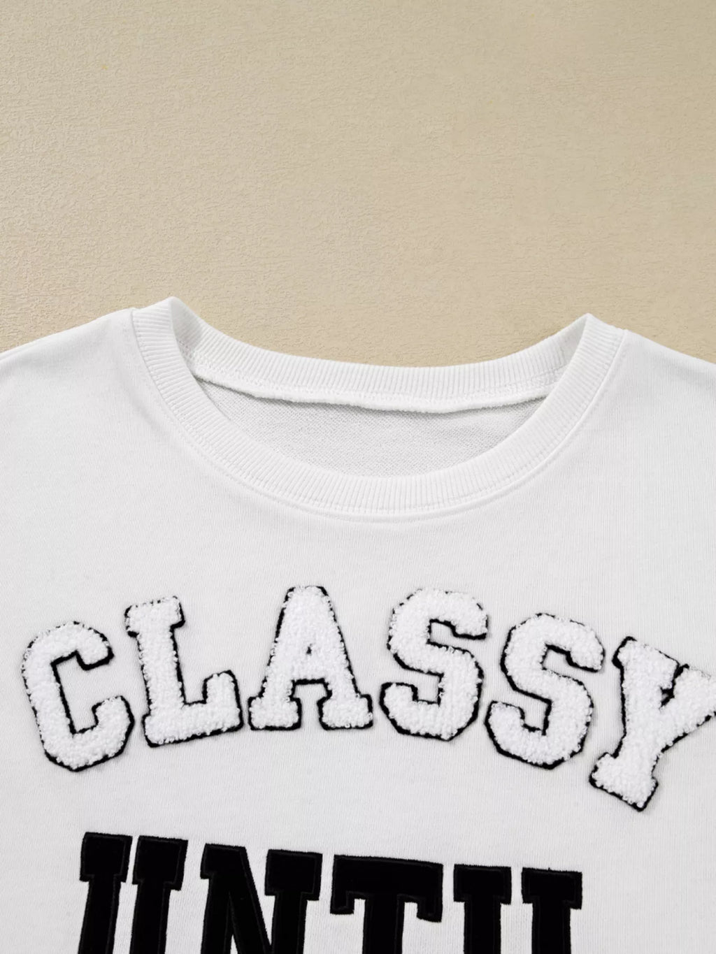 CLASSY UNTIL KICKOFF Plush Letter Patched Loose Sweatshirt - Lilixa.store