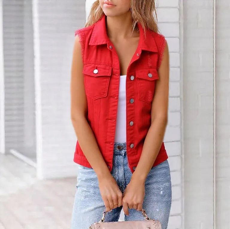 Full Size Sleeveless Frayed Denim Vest Jacket Plus Size, view 10