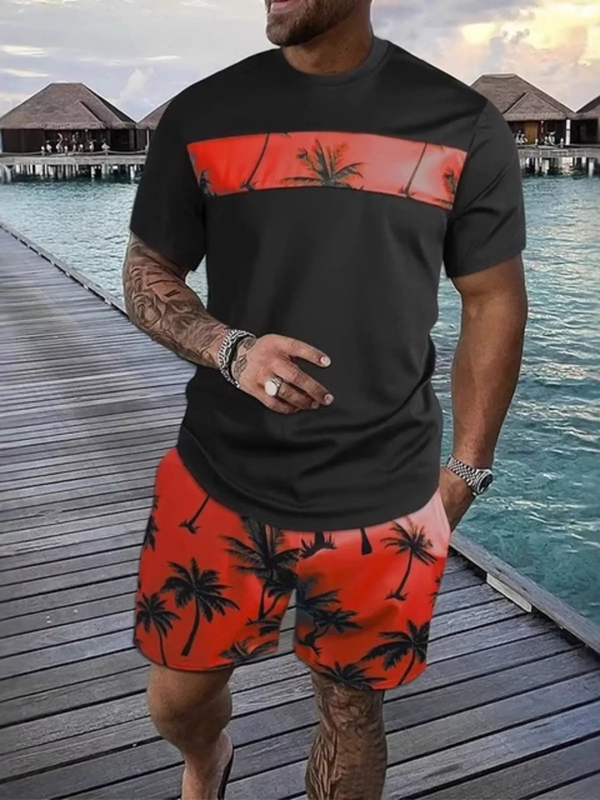 Men's Full Size Tropical Palm Tree Tee and Shorts Set Plus Size - Lilixa.store