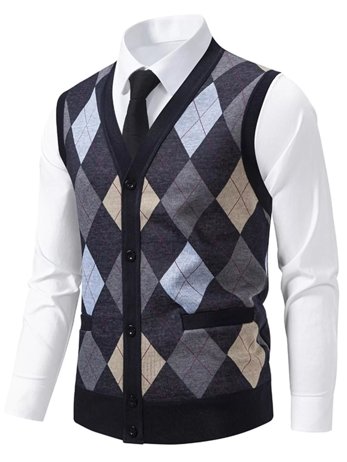 Men's Plus Size Argyle Pattern V-Neck Button-Down Cardigan Vest - Lilixa.store