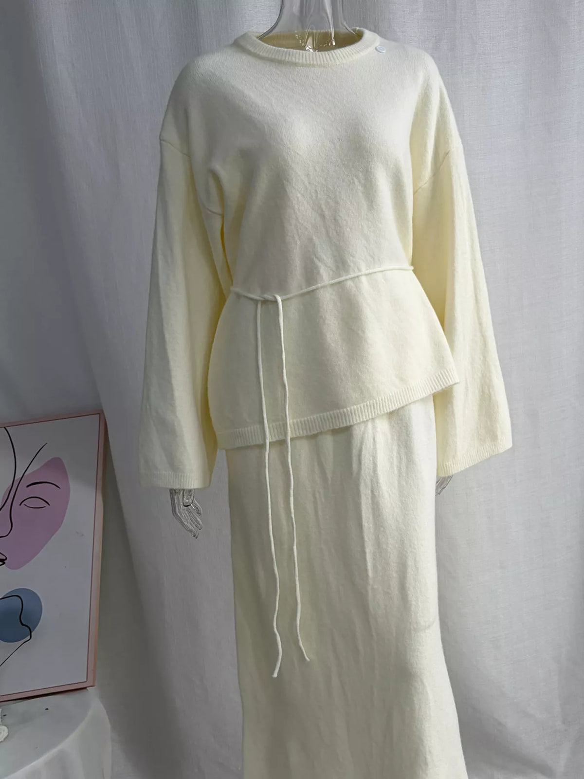 Waist-Tie Detail Sweater and Maxi Skirt Set, view 3