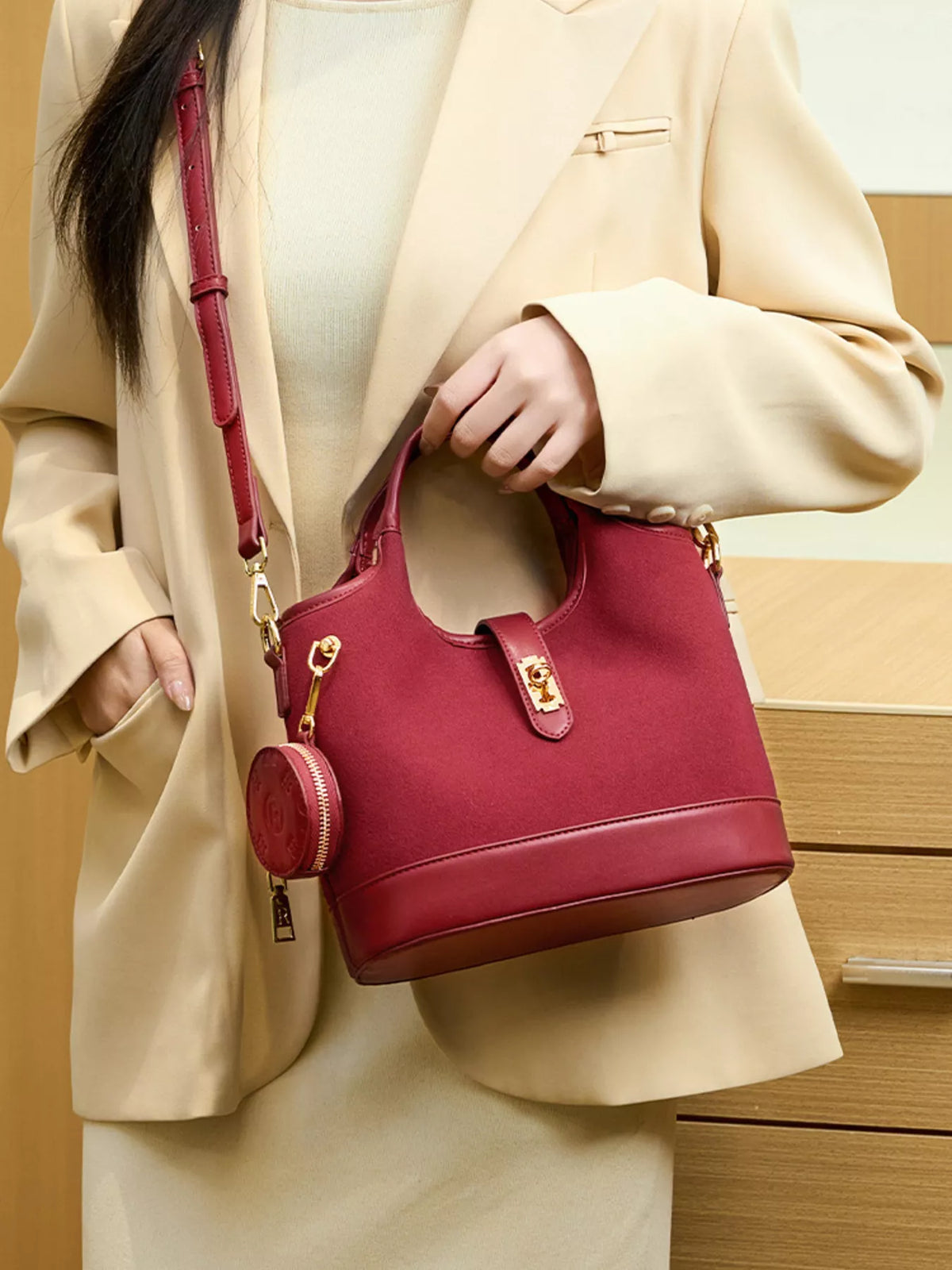 Suede Crossbody Bag with Detachable Coin Pouch in Wine Red, view 2