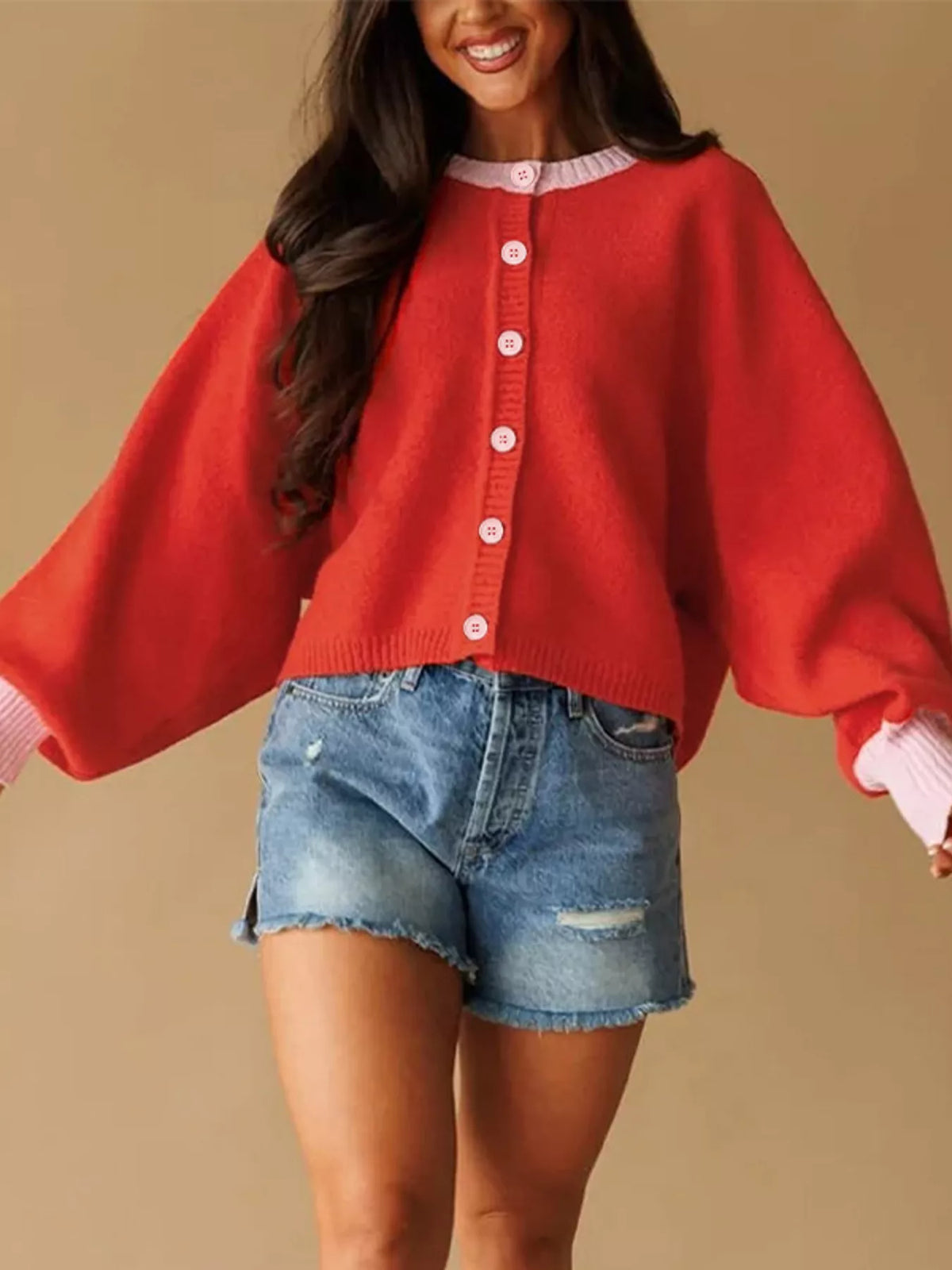 Button-Front Knit Cardigan with Contrast Trim - Lilixa.store