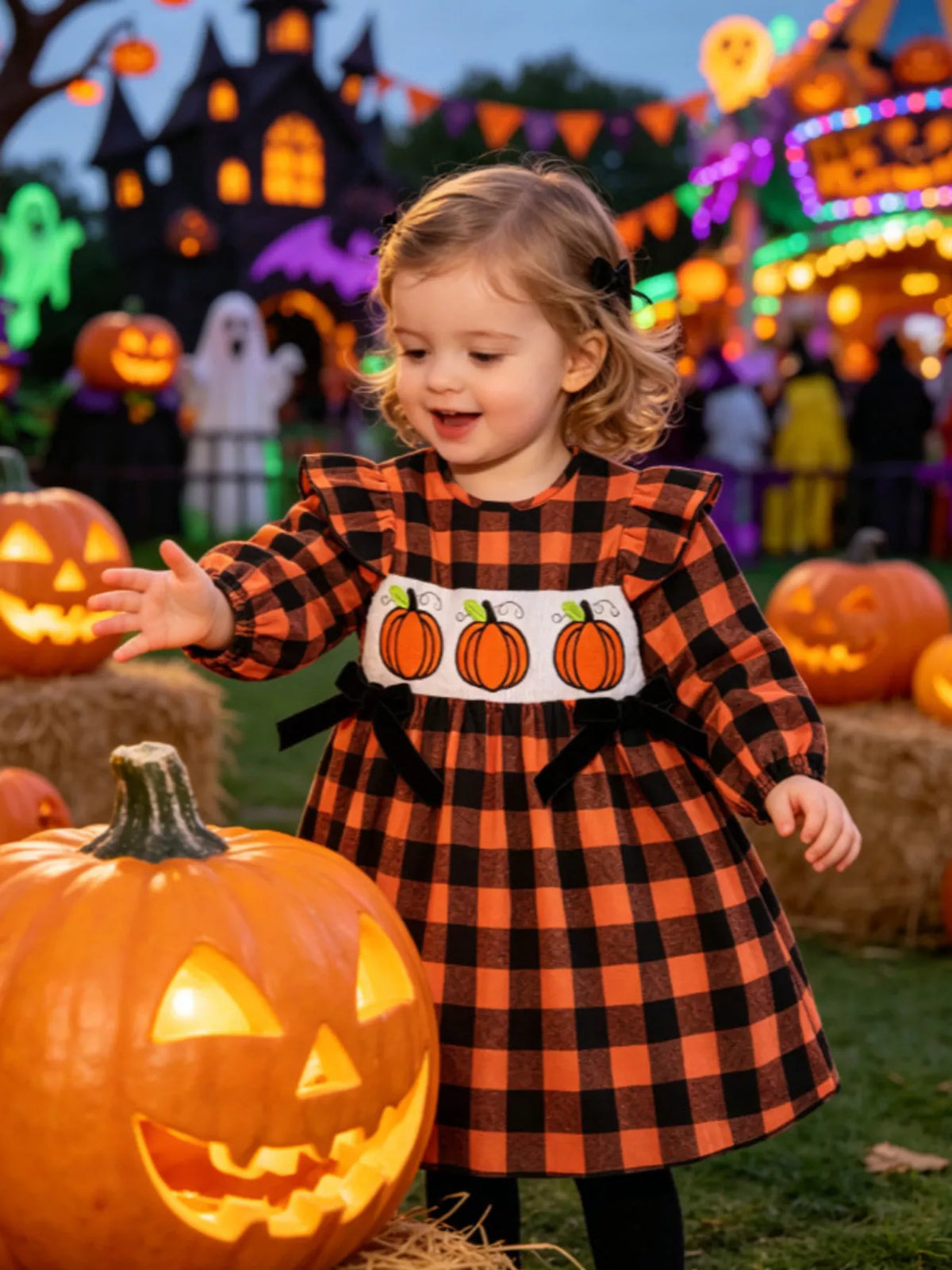 Children's Halloween Plaid Pumpkin Smocked Dress - Lilixa.store