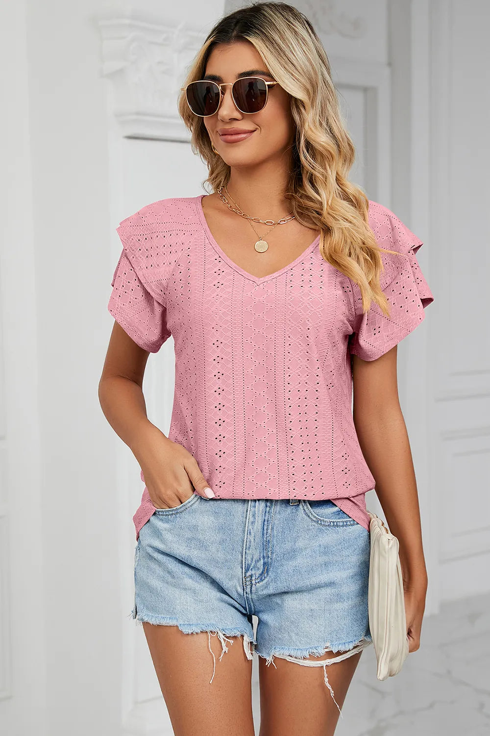 Eyelet V-Neck Short Sleeve T-Shirt - Lilixa.store