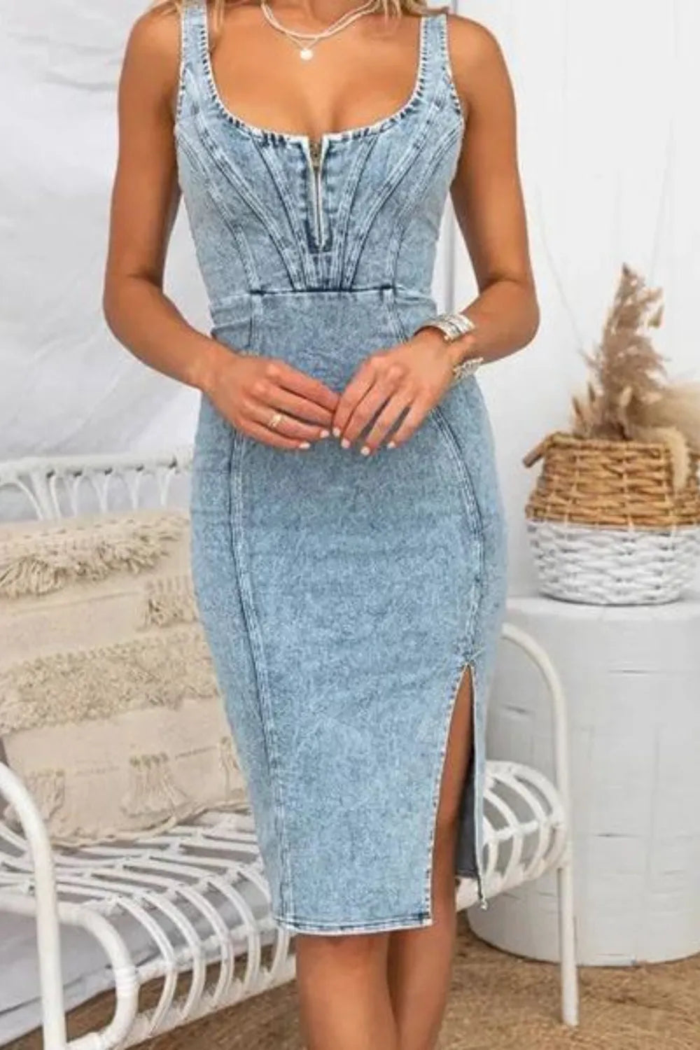 Side Slit Washed Scoop Neck Denim Dress - Lilixa.store