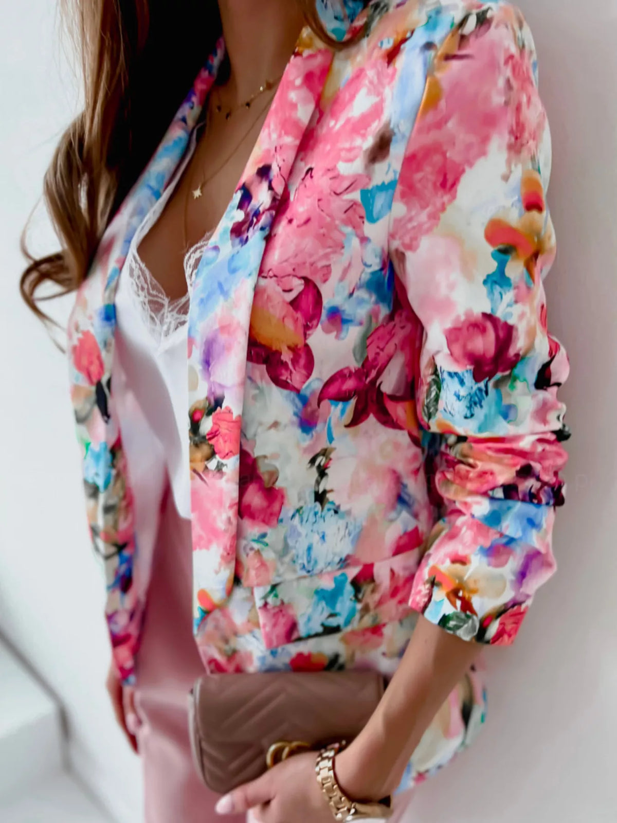 Vibrant Floral Print Open Front Blazer - Lilixa.store