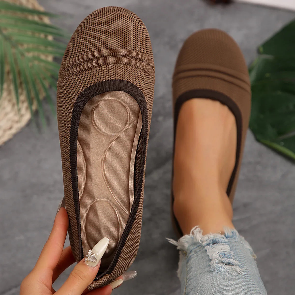 Mesh Round Toe Flat Slip-Ons in Brown