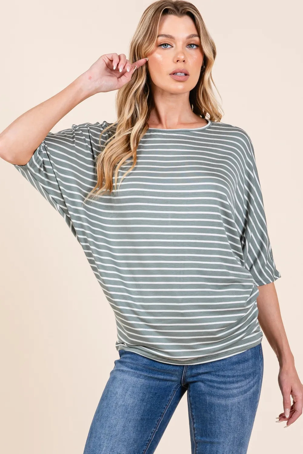 BOMBOM Striped Boat Neck Dolman Sleeve Top - Lilixa.store