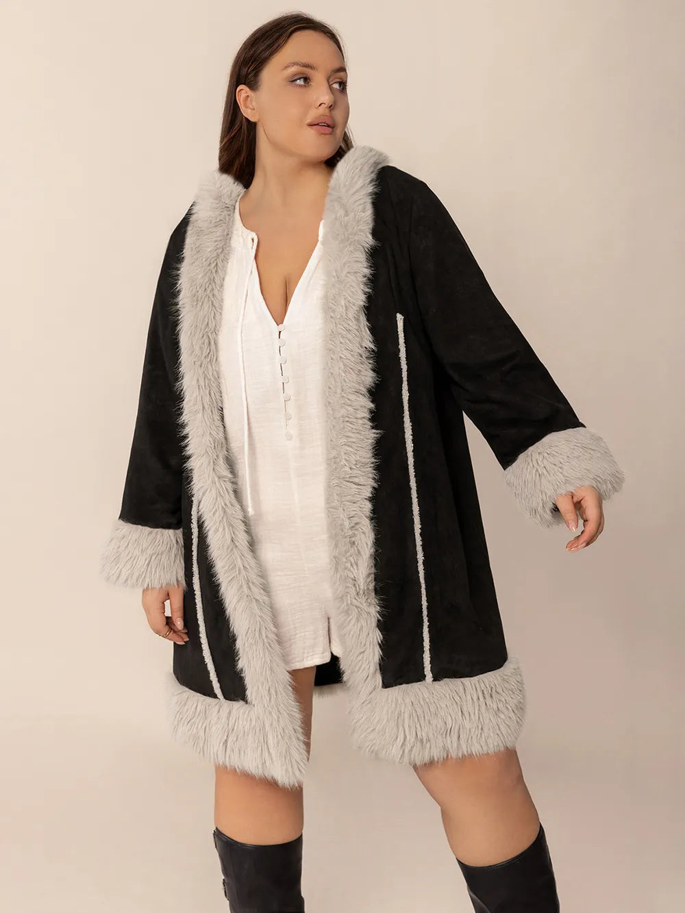 Plus Size Fuzzy Trim Open Front Long Sleeve Hooded Coat in Black, view 8