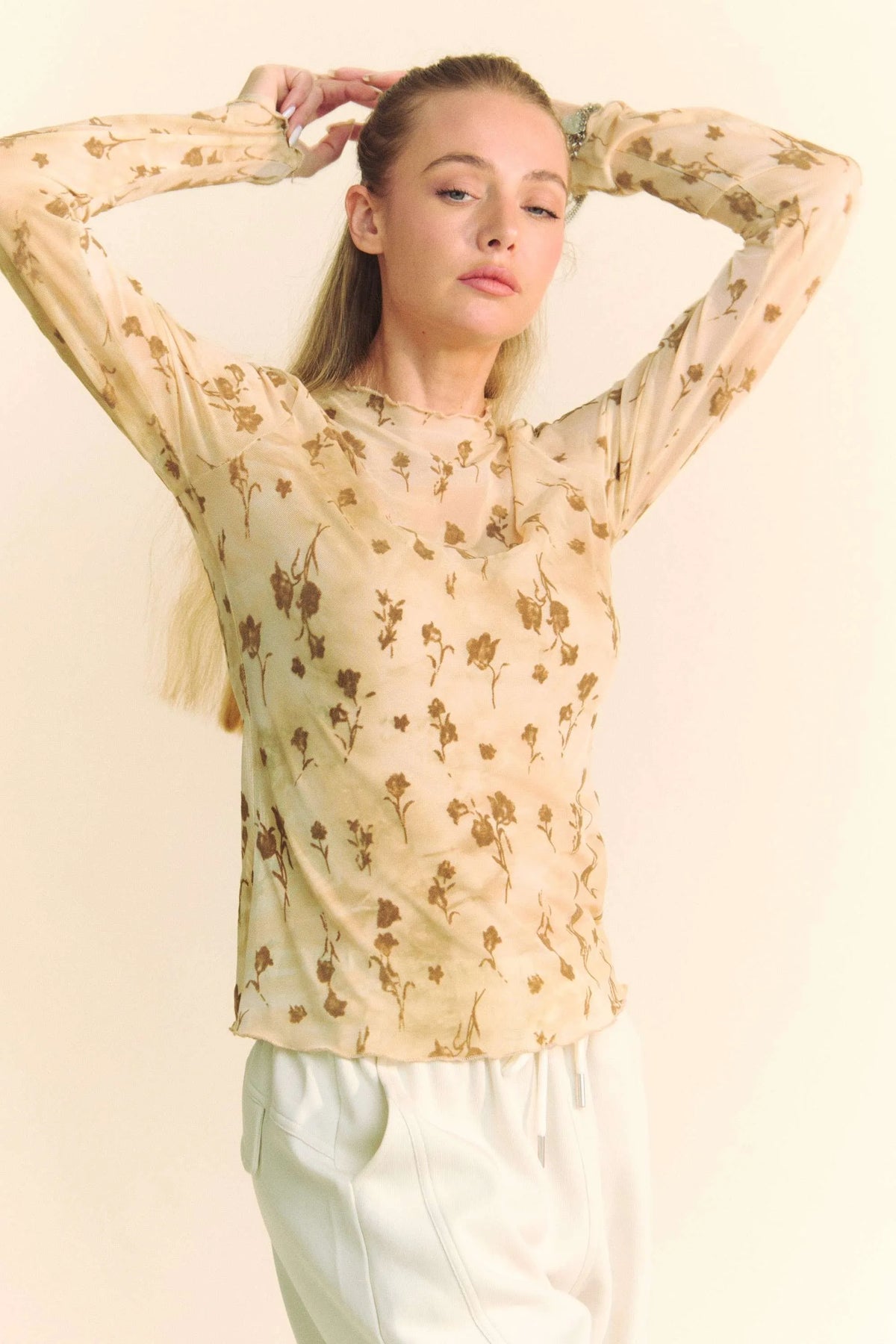 Davi & Dani Floral Mesh Long Sleeve Sheer Layering Top - Lilixa.store