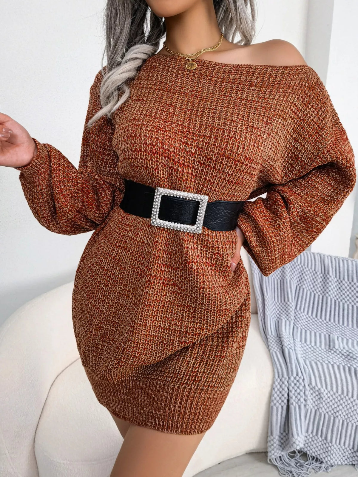 Multi-Color One-Shoulder Sweater Dress, view 10