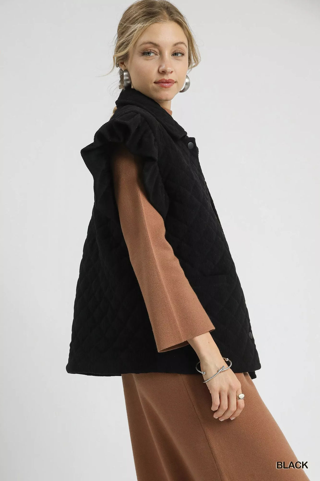 Umgee Corduroy Quilted Ruffle Sleeve Vest - Lilixa.store