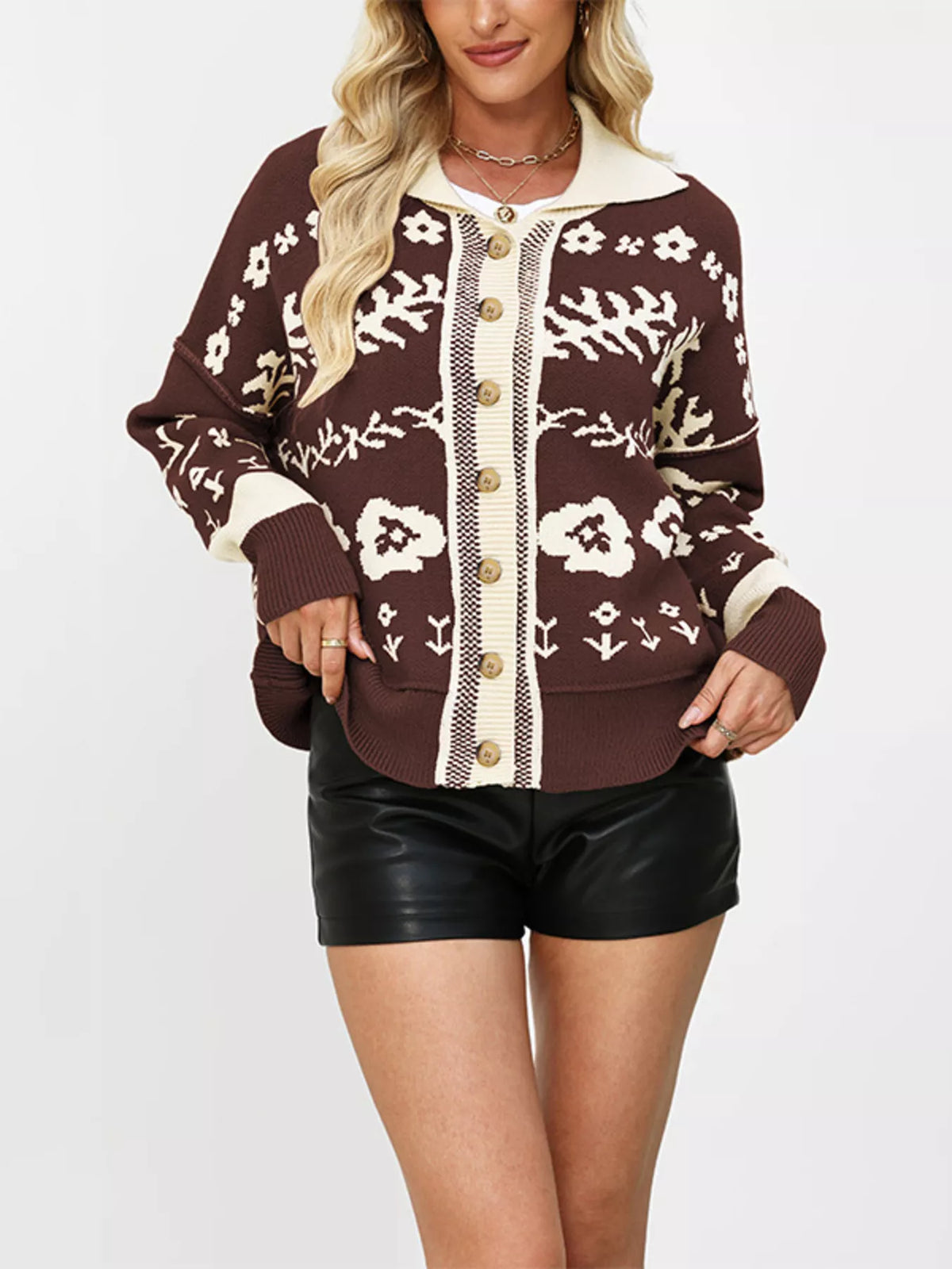 Floral Pattern Knit Cardigan with Contrast Collar - Lilixa.store