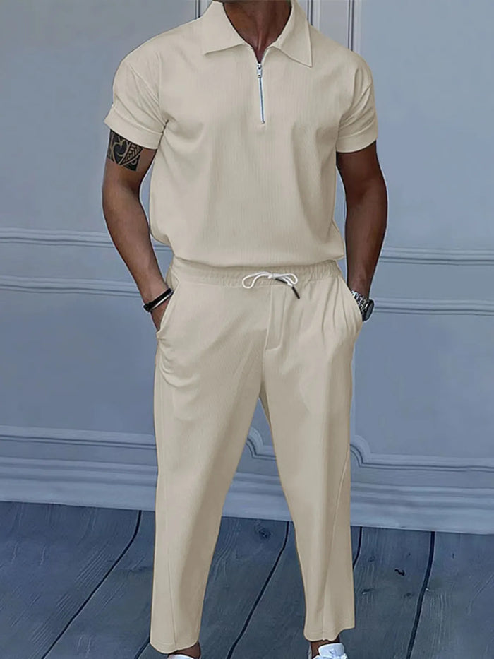 Men's Full Size Quarter Zip Short Sleeve Polo and Pants Set Plus Size in Apricot