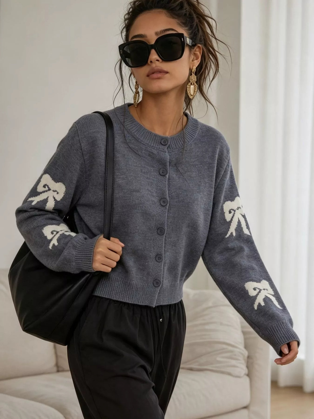 Floral Crew Neck Cropped Knit Cardigan, view 13