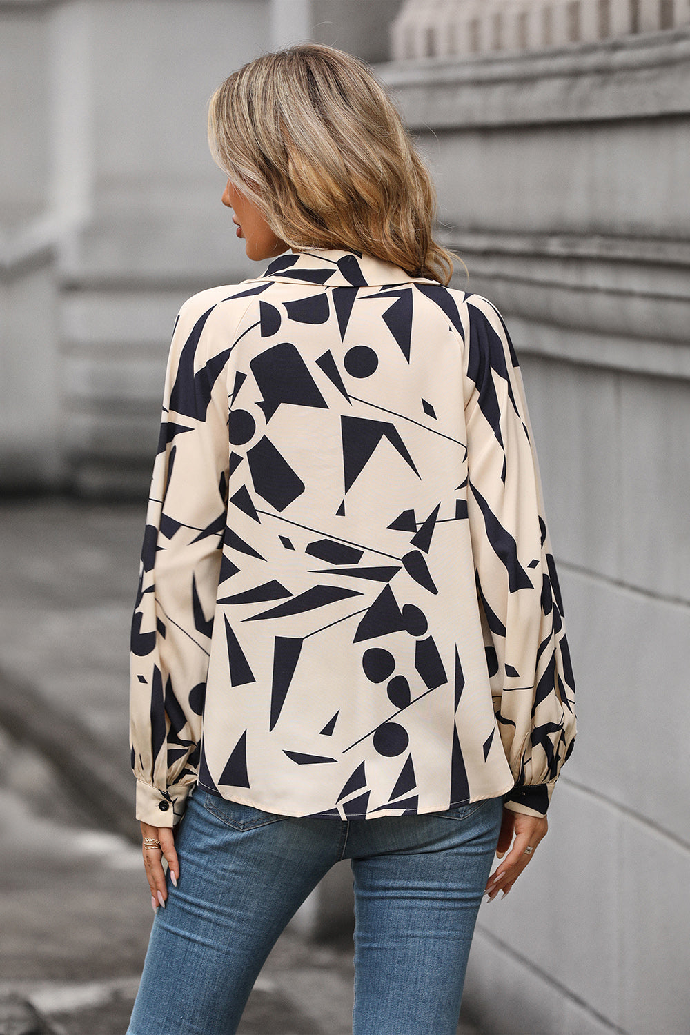 Perfee Printed Johnny Collar Blouse in Cream, view 2