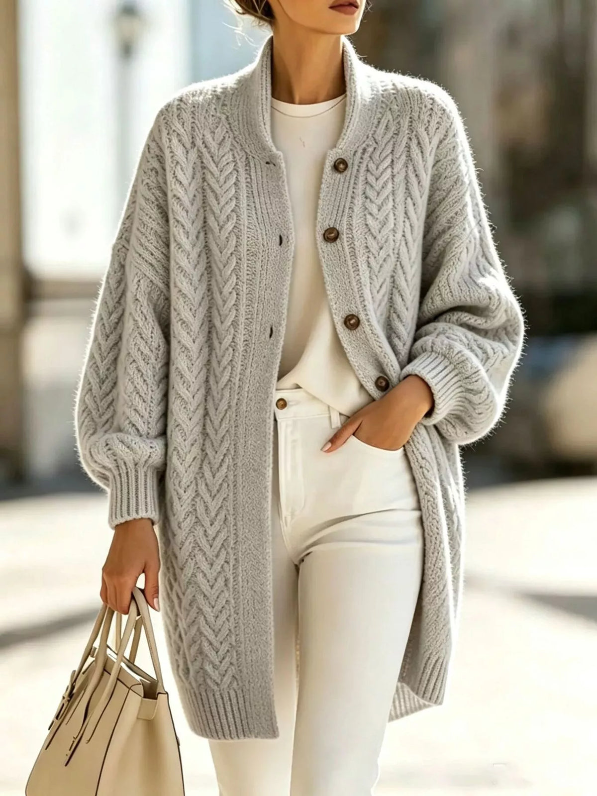 Full Size Cable-Knit Button-Down Cardigan Plus Size in Gray