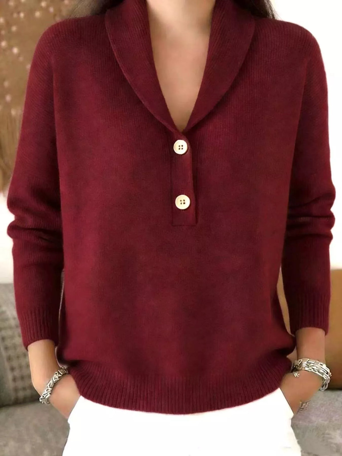 Shawl Collar Button Detail Sweater in Burgundy