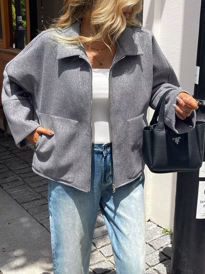 Oversized Collared Neck Zip-Up Jacket in Gray